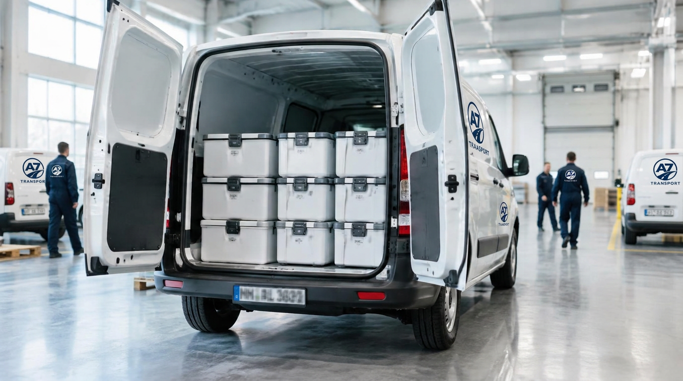 Geöffneter Transporter mit versiegelten medizinischen Transportbehältern