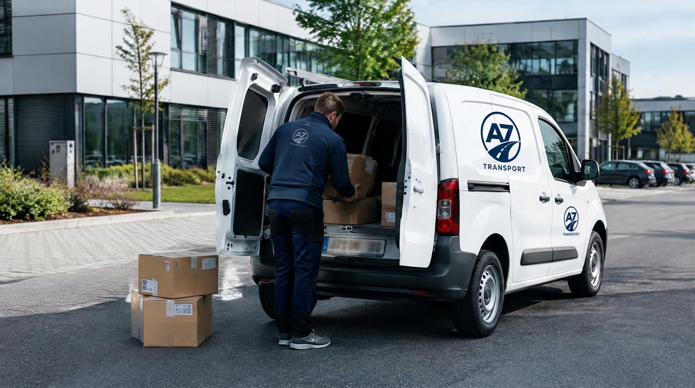 Fahrer belädt einen kleinen Transporter mit Paketen