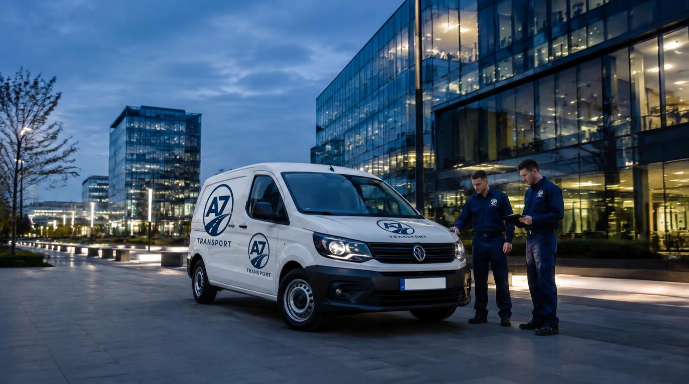 Weißer kompakter Transporter vor modernen Bürogebäuden in der Dämmerung